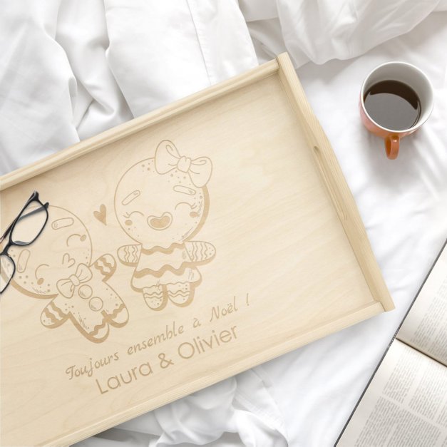 Plateau de lit en bois naturel avec gravure pour un couple pour Noël