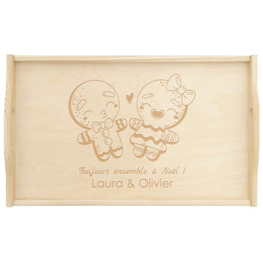 Plateau de lit en bois naturel avec gravure pour un couple pour Noël