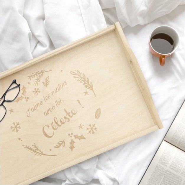 Plateau de lit en bois naturel avec gravure pour elle pour Noël