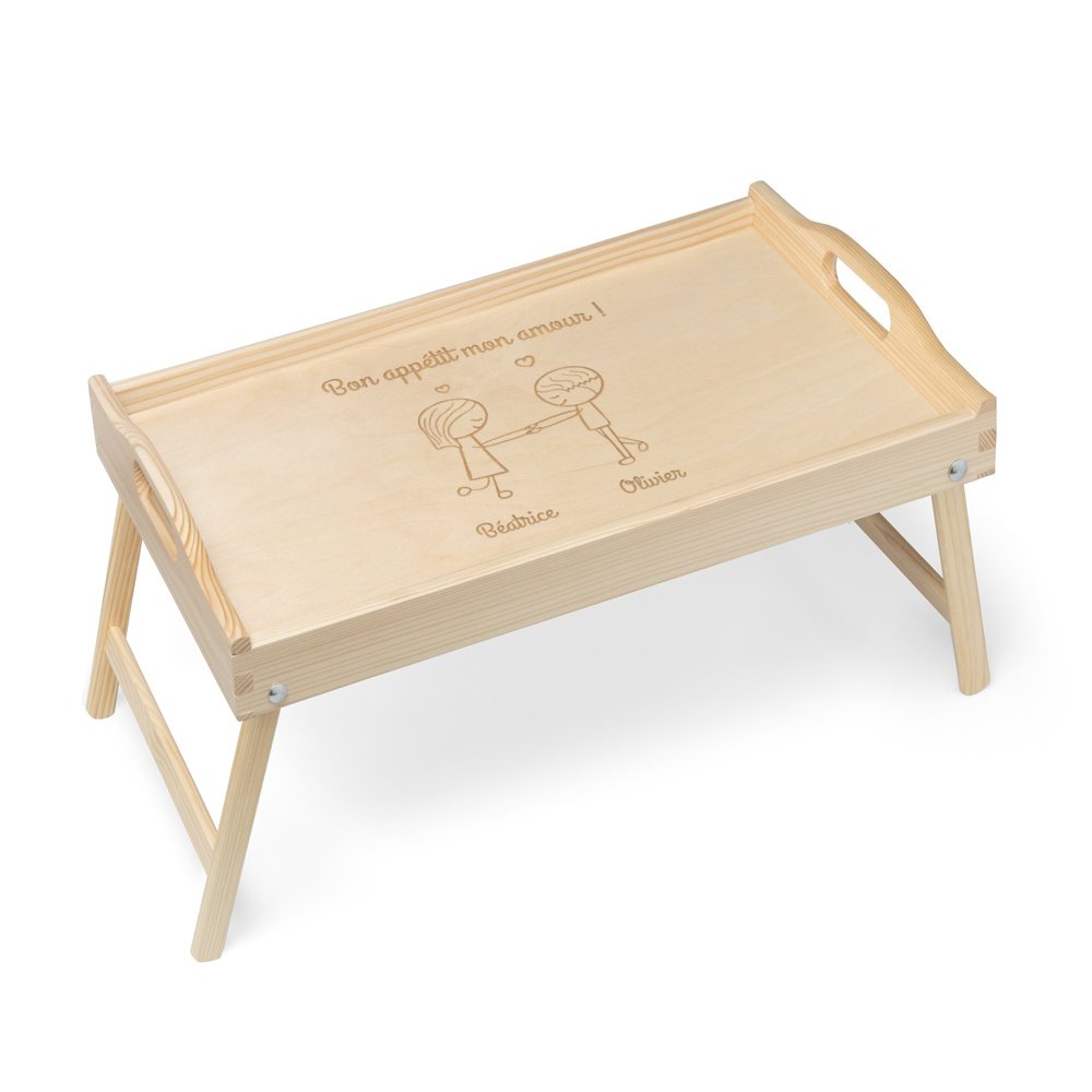 Plateau de lit en bois naturel avec gravure pour elle et lui pour mariage