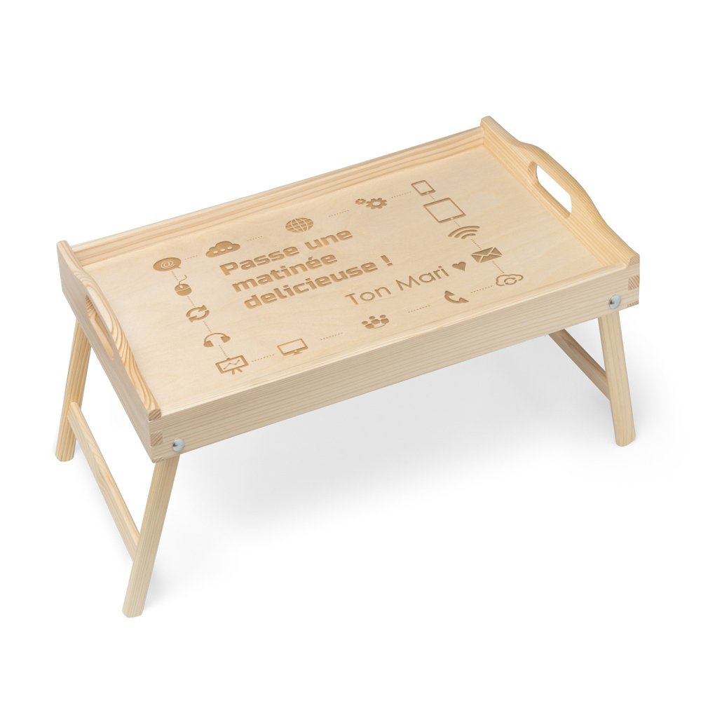 Plateau de lit en bois naturel personnalisé pour l'anniversaire d'une femme