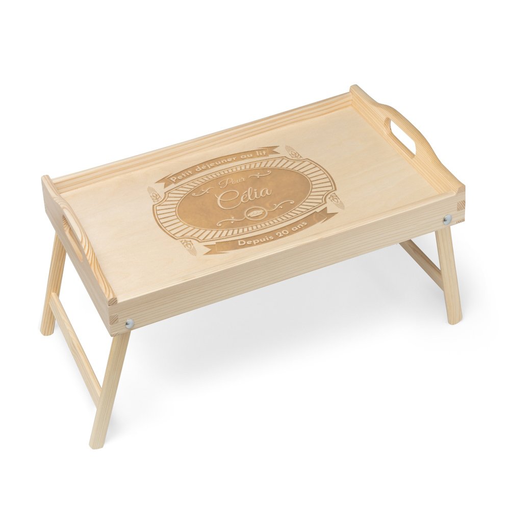 Plateau de lit en bois naturel avec gravure pour une femme pour 20 ans de mariage