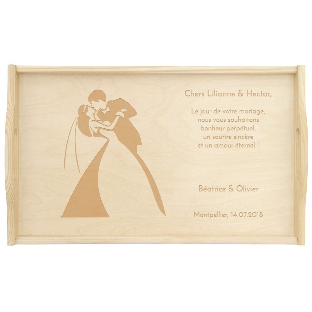 Plateau de lit en bois naturel avec gravure pour le marié et pour la mariée