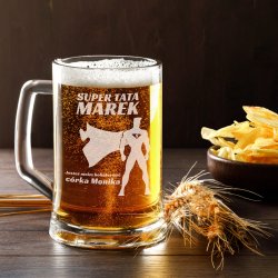 Chope en verre à bière avec gravure pour papa super héros