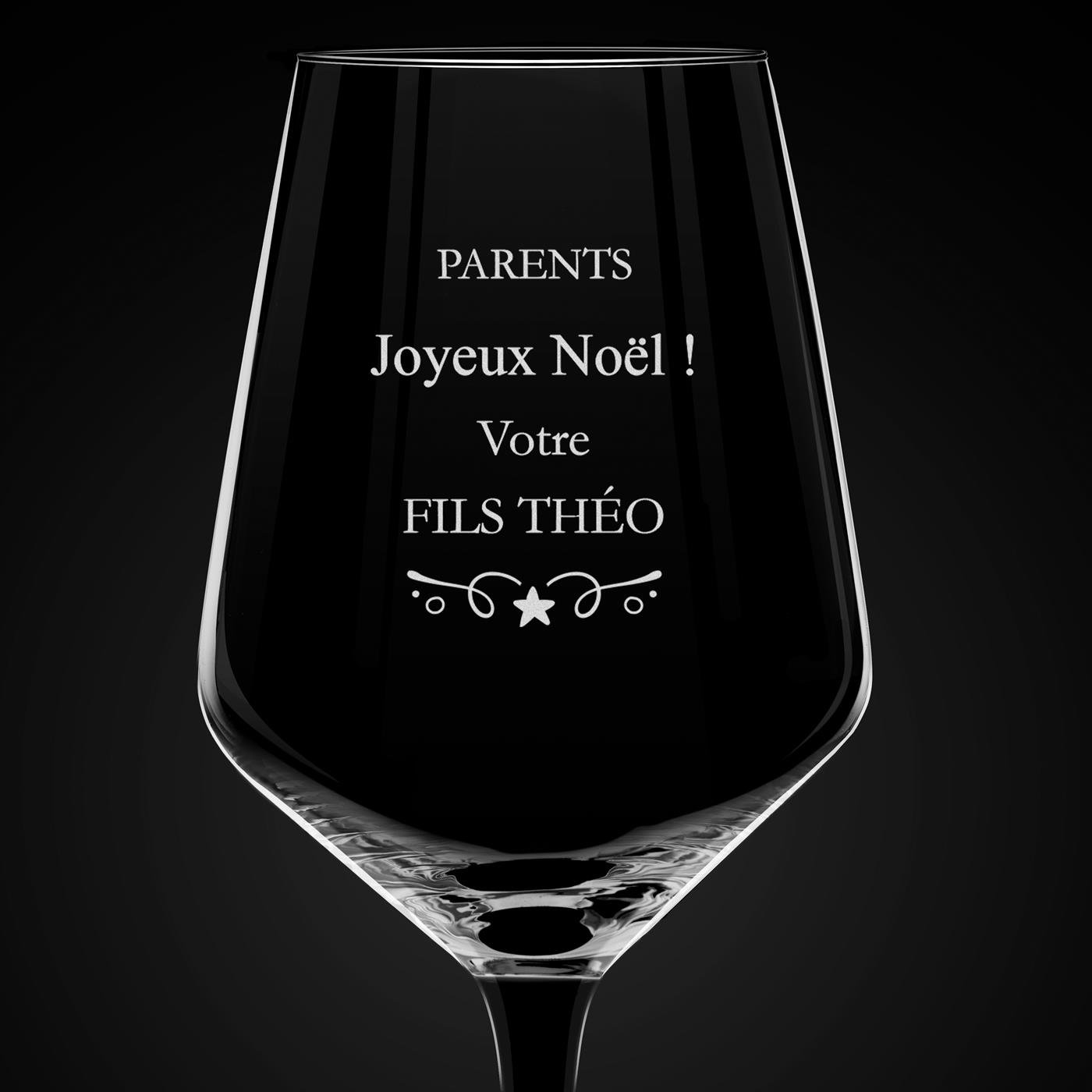 Verre à vin à pied noir avec gravure pour parents pour Noël