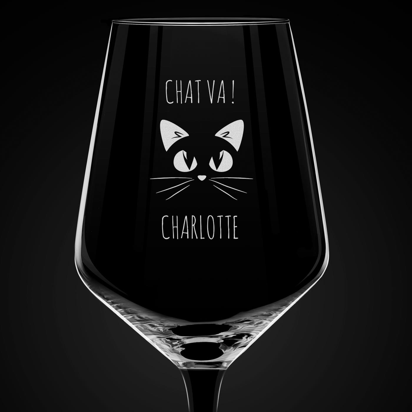 6 verres à vin à pied noir avec gravure pour une fan de chats