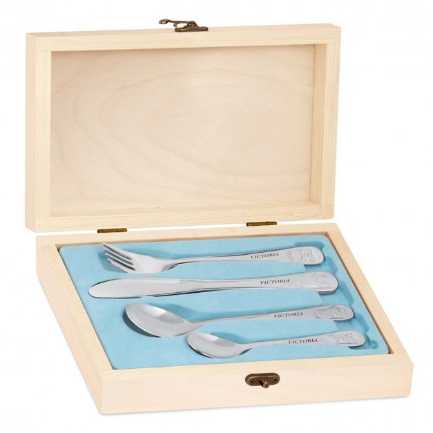 Set de couverts pour enfant avec coffret en bois et impression pour fille rose baptême