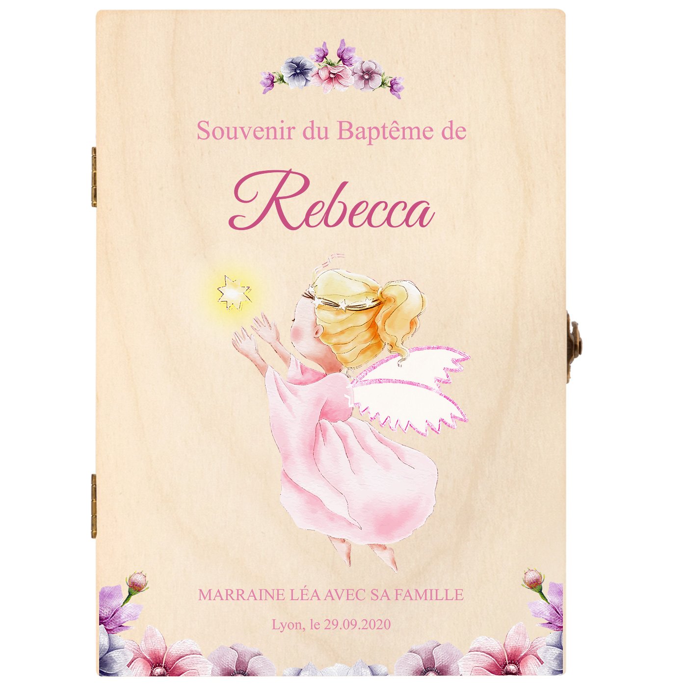Set de couverts pour enfant dans coffret en bois avec impression fille ange baptême