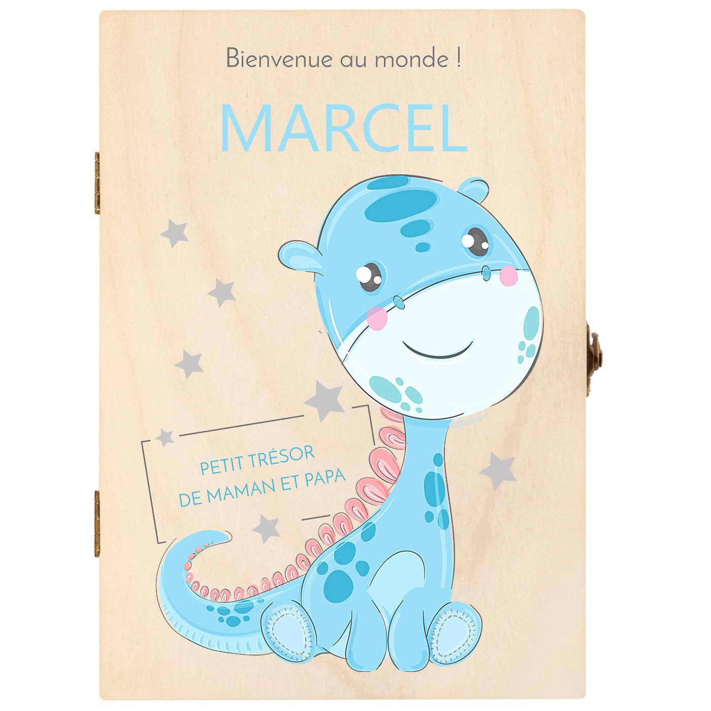 Set de couverts pour enfant dans coffret en bois avec impression garçon dinosaure anniversaire