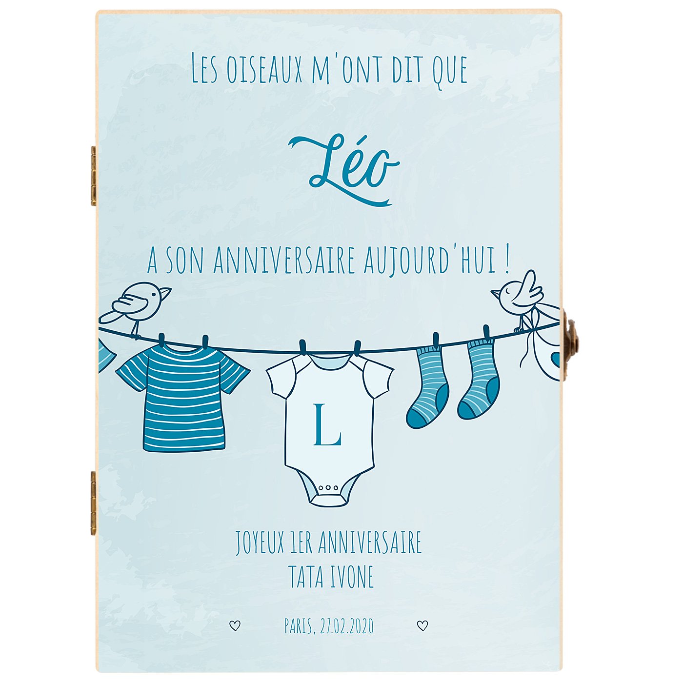 Set de couverts pour enfant dans coffret en bois avec impression garçon oiseaux anniversaire