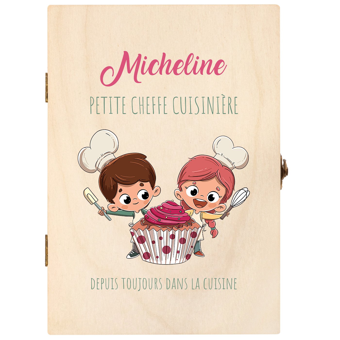 Set de couverts pour enfant dans coffret en bois avec impression fille cupcake