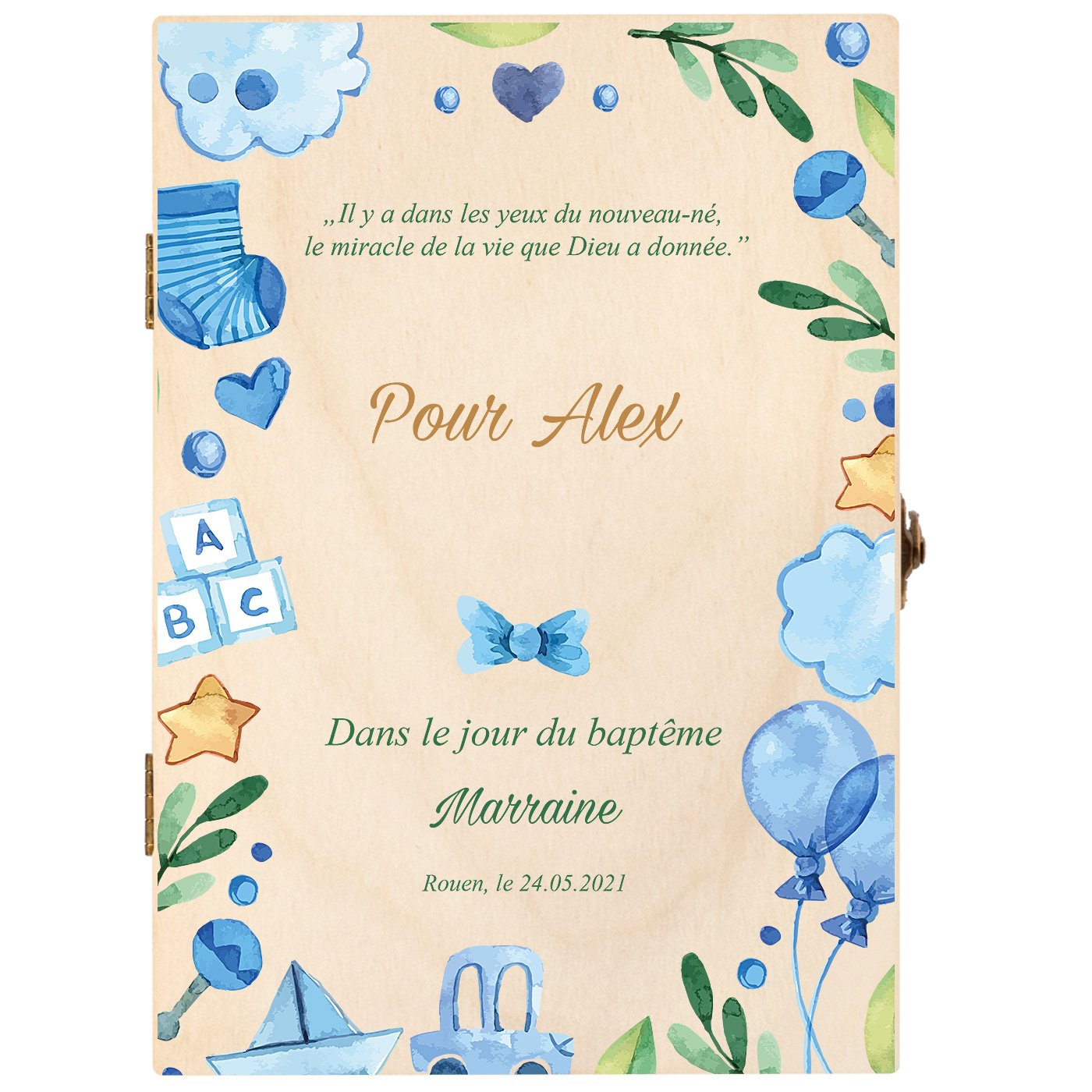 Set de couverts pour enfant dans coffret en bois avec impression garçon ballons baptême