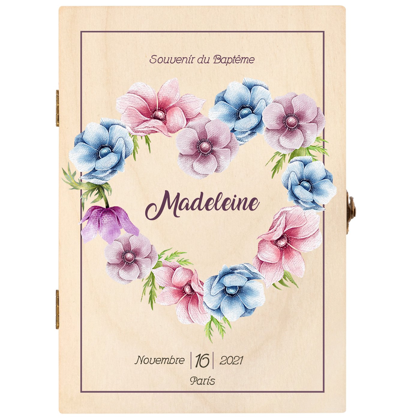 Set de couverts pour enfant dans coffret en bois avec impression fille fleurs baptême