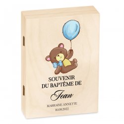 Set de couverts pour enfant dans coffret en bois avec impression garçon peluche baptême