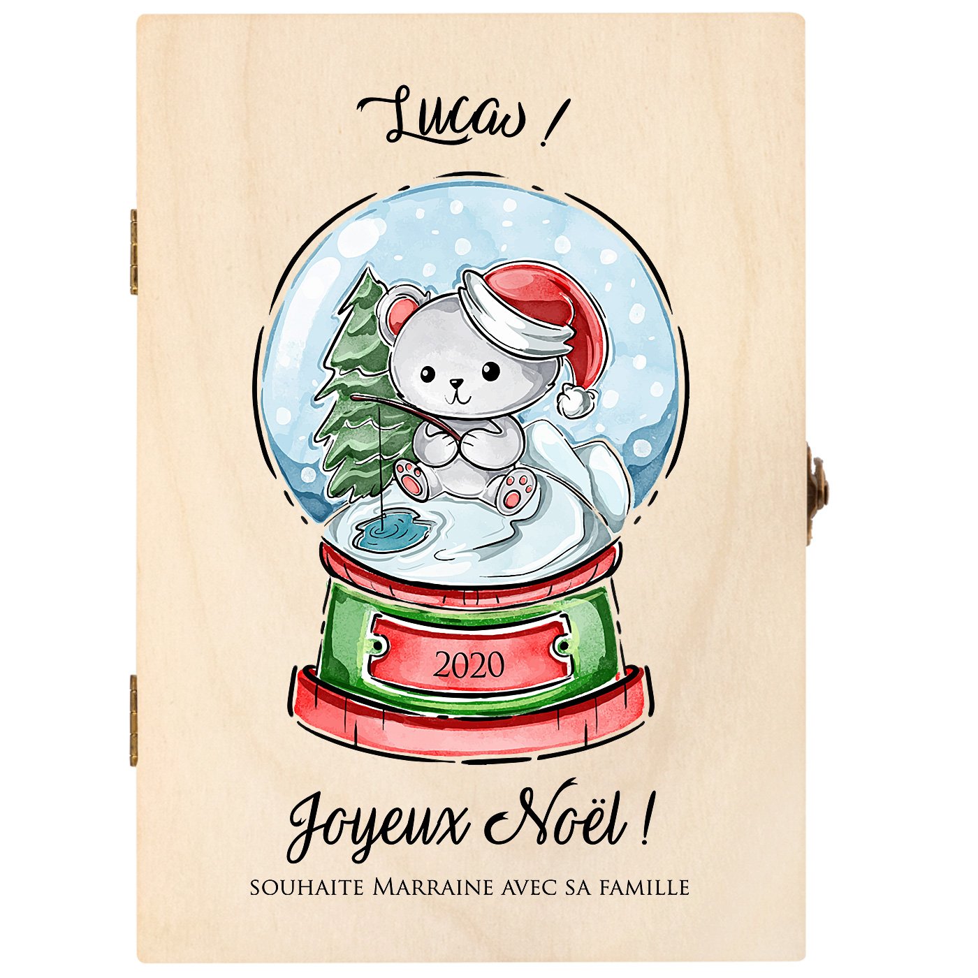Set de couverts pour enfant dans coffret en bois avec impression fille ourson noel