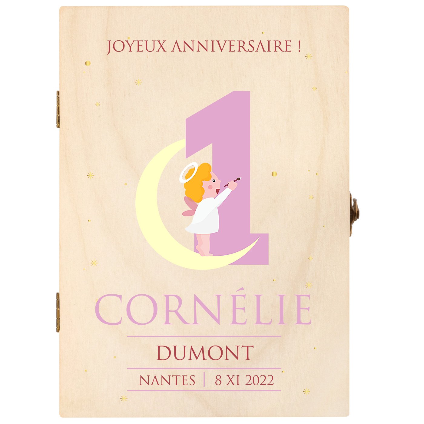 Set de couverts pour enfant dans coffret en bois avec impression fille ange 1 an