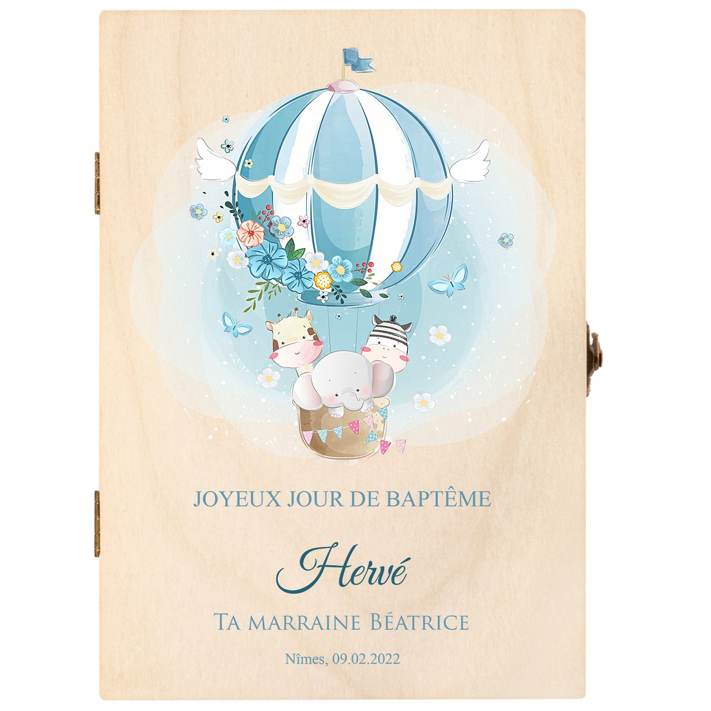 Set de couverts pour enfant dans un coffret en bois avec impression garçon baptême