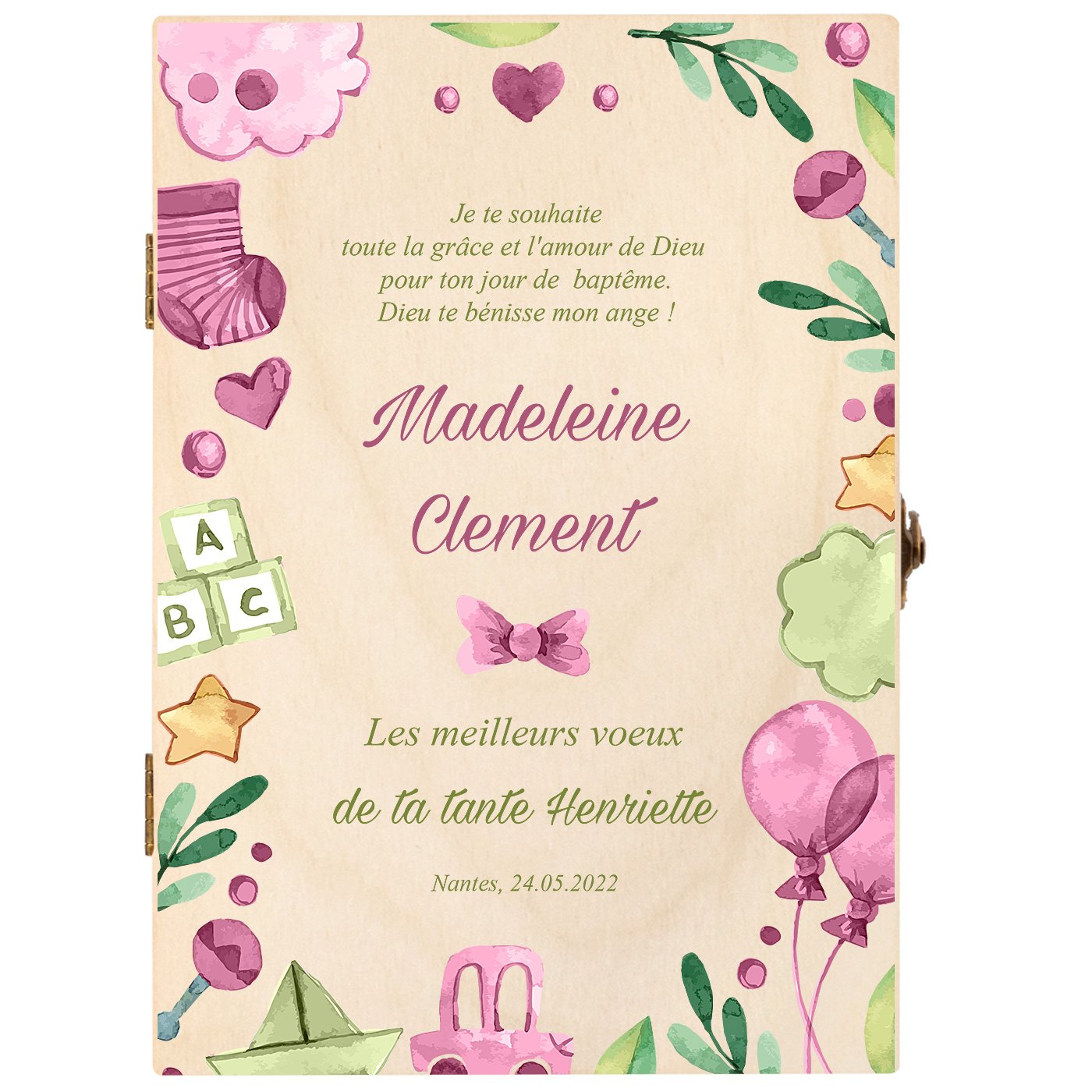 Set de couverts pour enfant dans un coffret en bois avec impression fille baptême