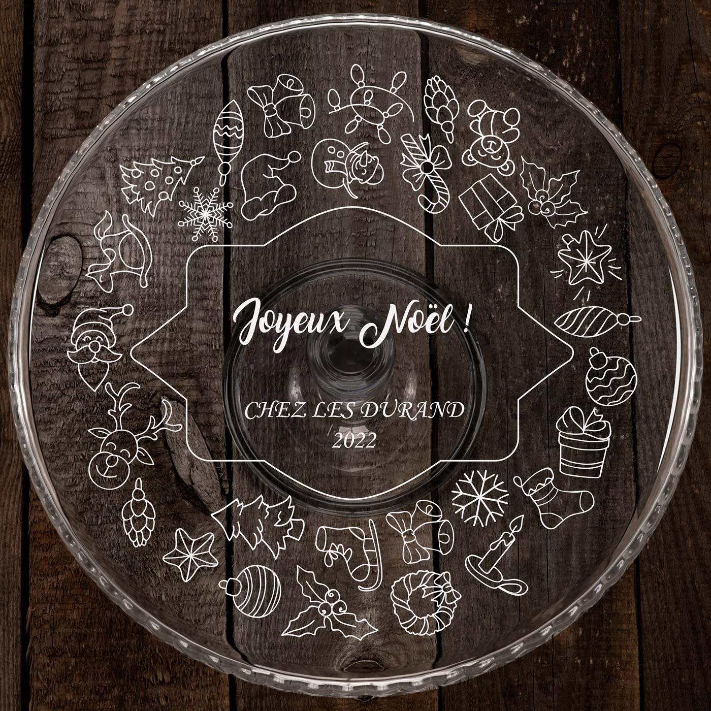 Présentoir à gâteau sur pied en verre avec gravure pour des amis pour Noël