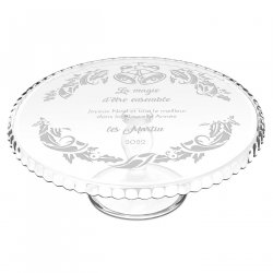Présentoir à gâteau sur pied en verre avec gravure pour parents pour Noël