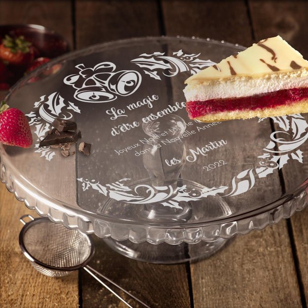 Présentoir à gâteau sur pied en verre avec gravure pour parents pour Noël