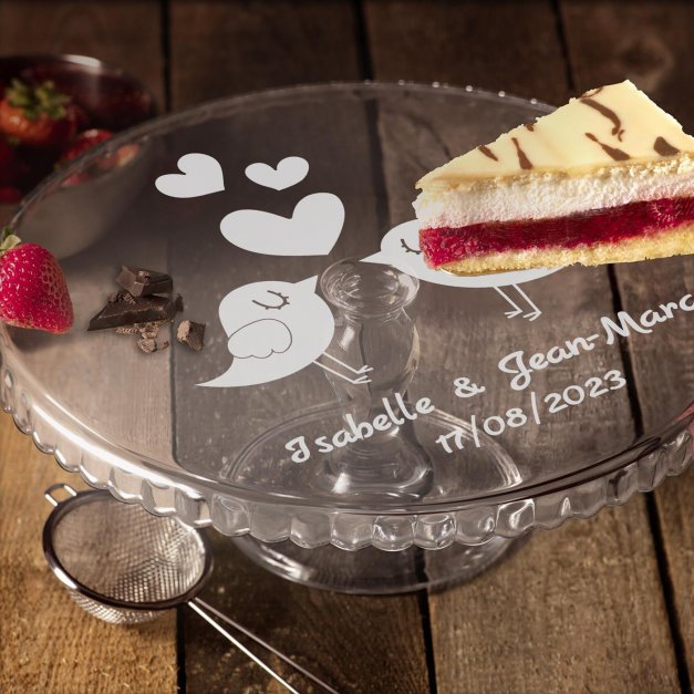 Présentoir à gâteau sur pied en verre personnalisé pour un couple pour mariage