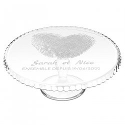 Présentoir à gâteau sur pied en verre avec gravure pour elle et pour lui pour l'anniversaire de mariage
