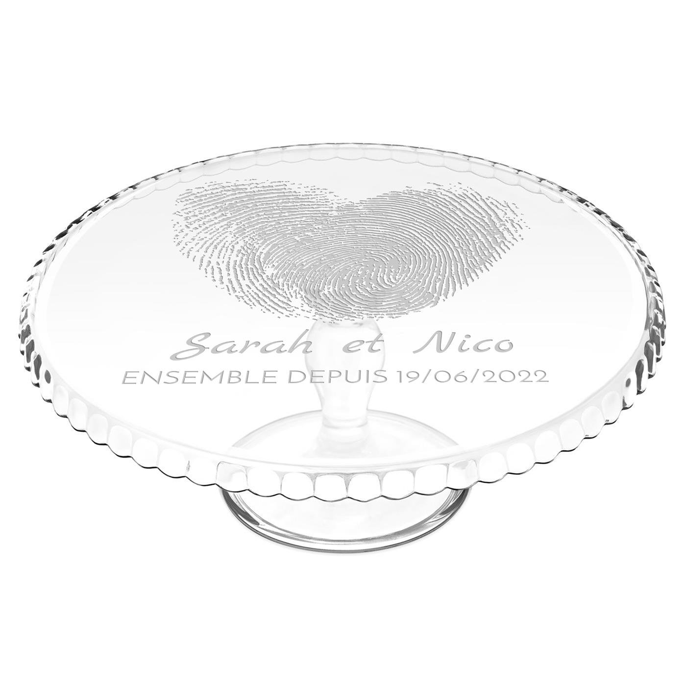 Présentoir à gâteau sur pied en verre avec gravure pour elle et pour lui pour l'anniversaire de mariage