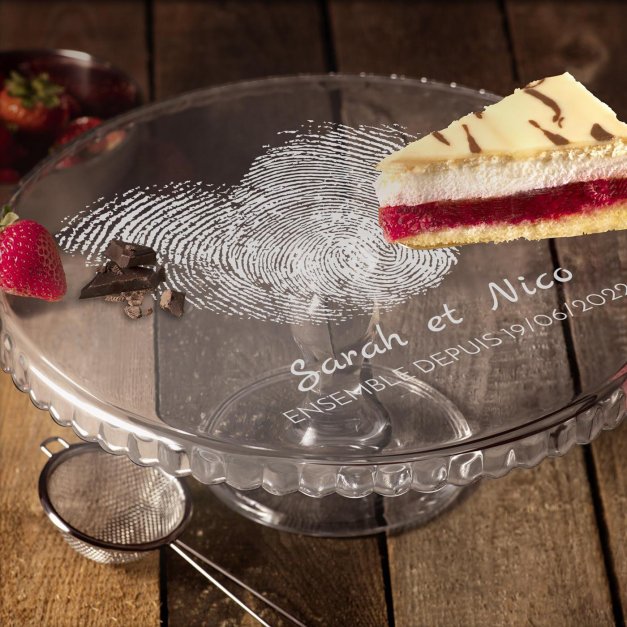 Présentoir à gâteau sur pied en verre avec gravure pour elle et pour lui pour l'anniversaire de mariage