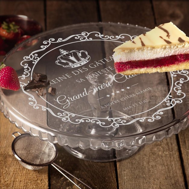 Présentoir à gâteau sur pied en verre personnalisé pour l'anniversaire de mamie