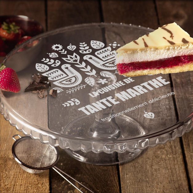 Présentoir à gâteau sur pied en verre avec gravure pour l'anniversaire d'une tante