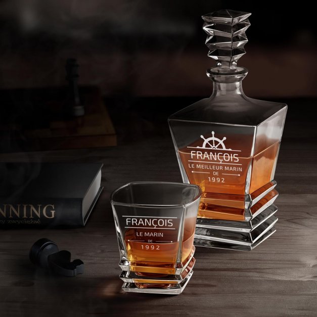 Ensemble Carafe Geometric et 4 verres avec gravure pour marin voyageur