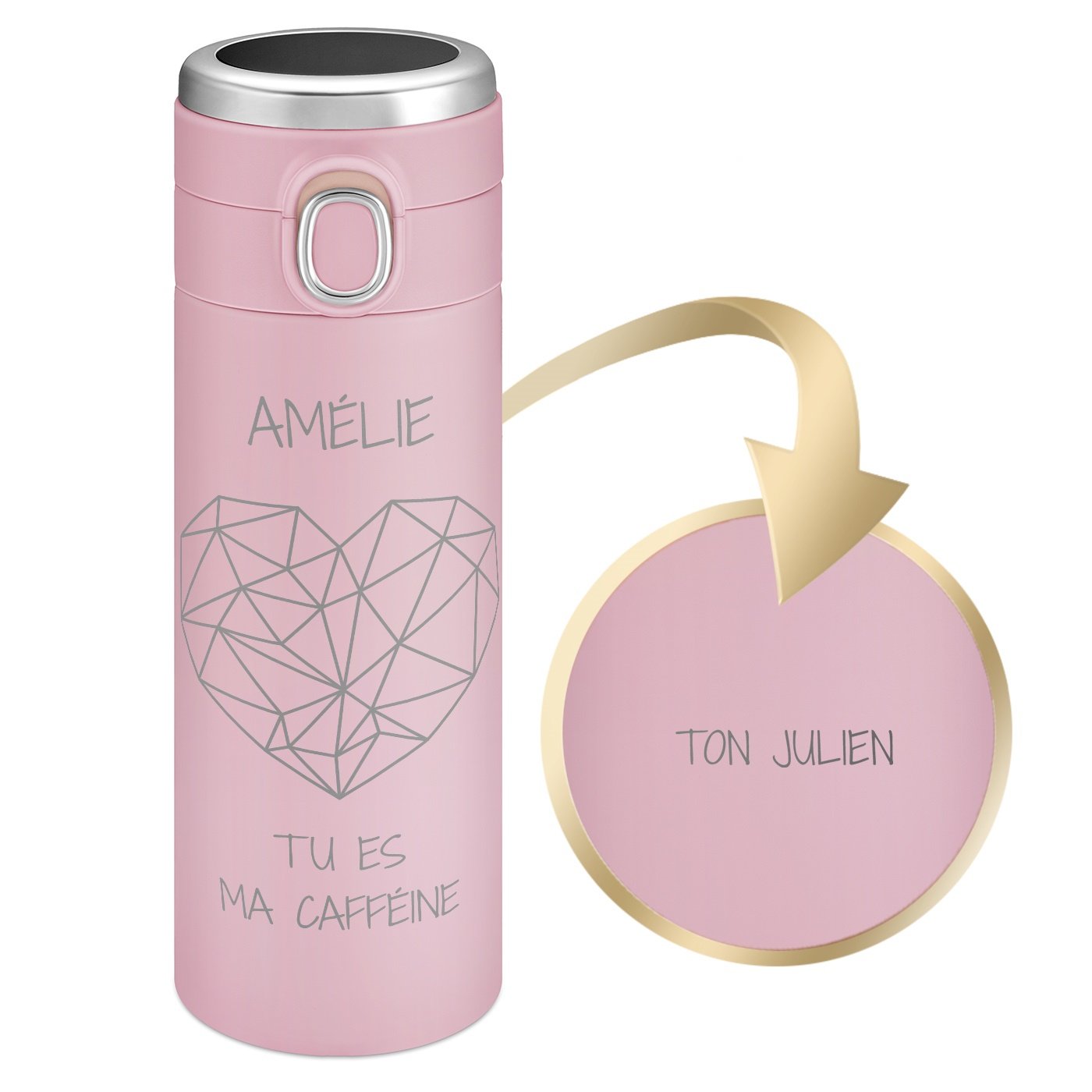 Mug de voyage rose avec gravure avec un affichage LED pour une femme pour l'anniversaire de mariage