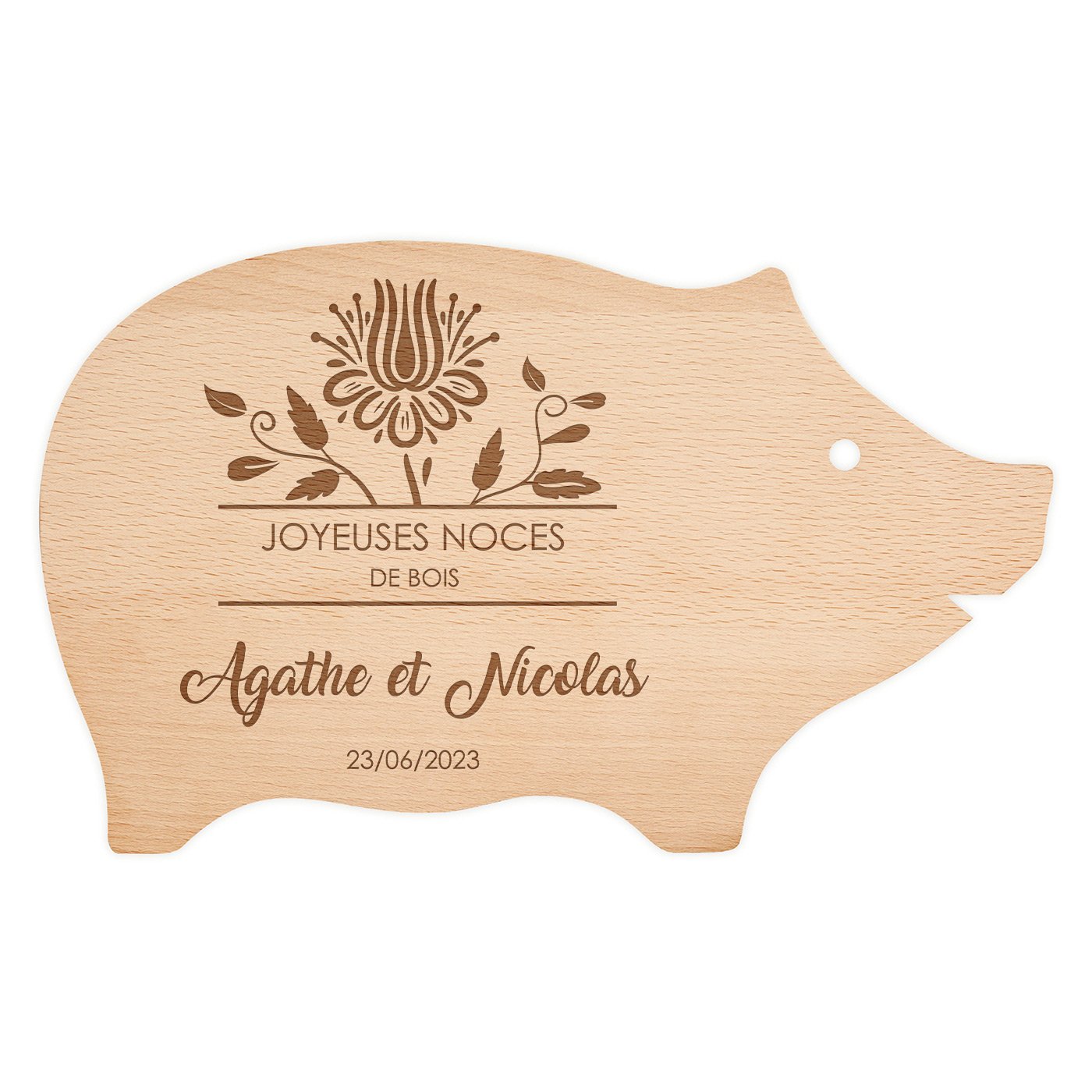 Planche à découper en forme de cochon avec gravure pour un couple pour noces de bois