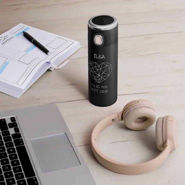 Mug thermos noir personnalisé avec un affichage LED pour une femme pour l'anniversaire de mariage