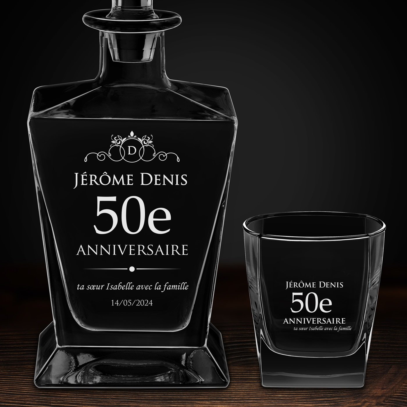 Carafe à whisky Pyramid et 2 verres avec gravure pour homme pour 50e anniversaire