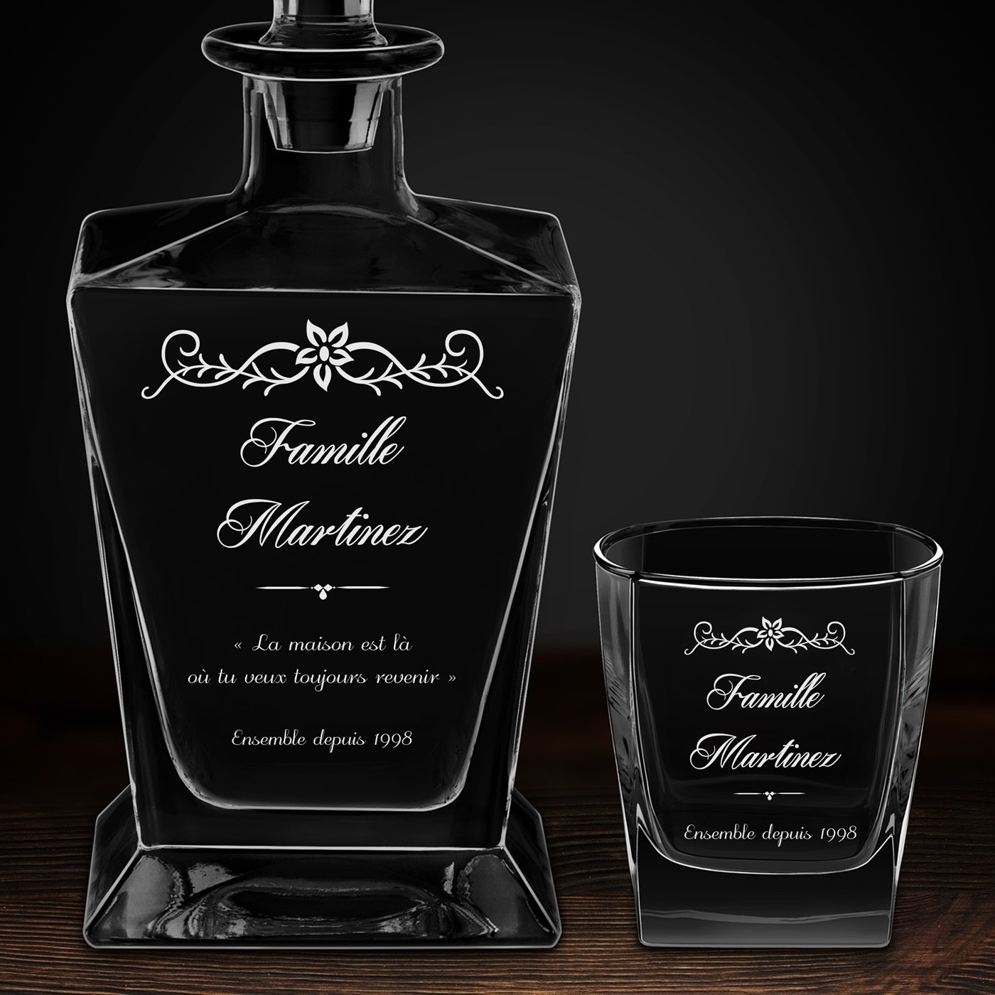 Carafe à whisky Pyramid et 2 verres avec gravure pour couple