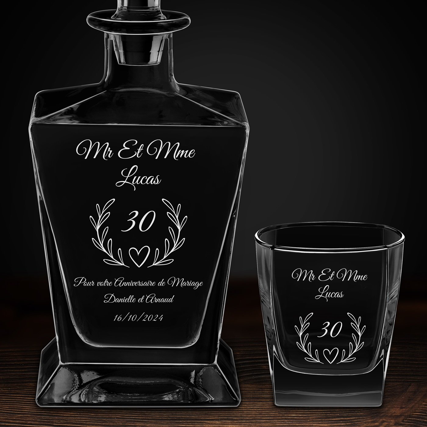 Carafe à whisky Pyramid et 2 verres avec gravure pour couple 30 ans de mariage