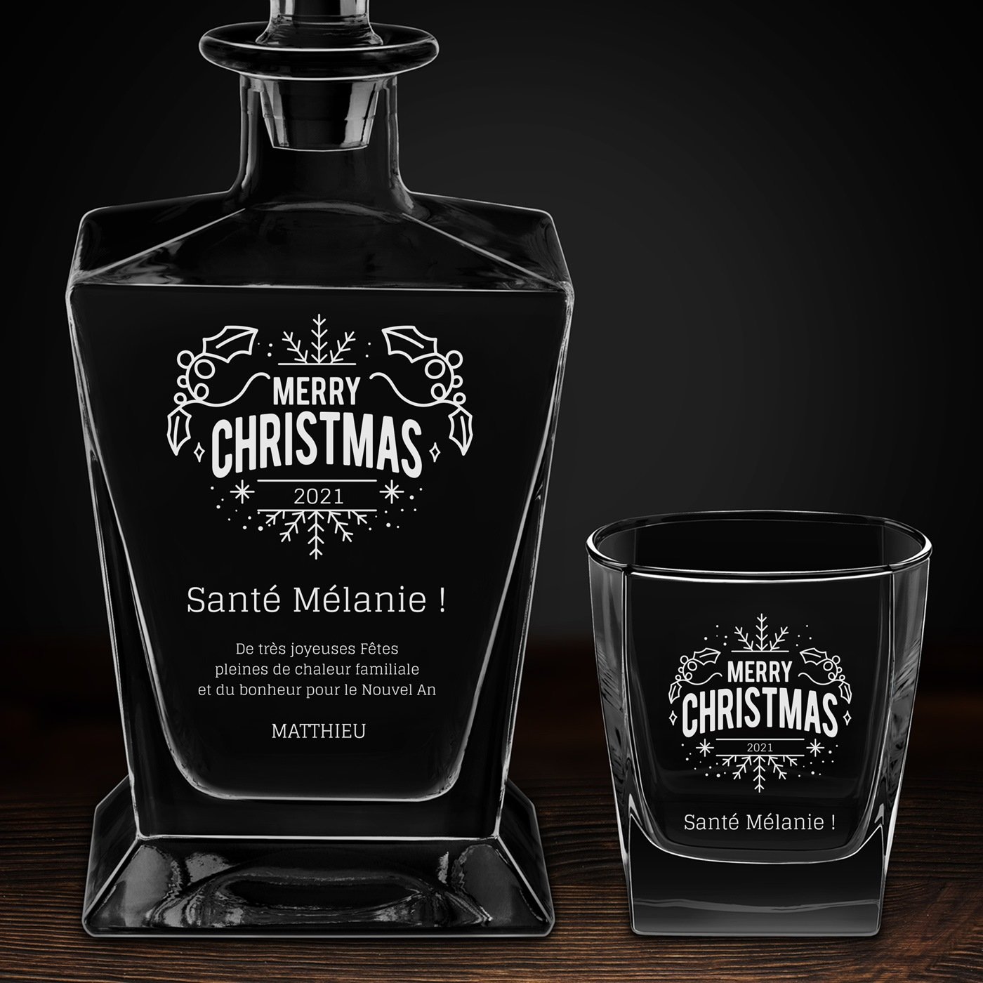 Carafe à whisky Pyramid et 2 verres avec gravure pour femme pour Noël
