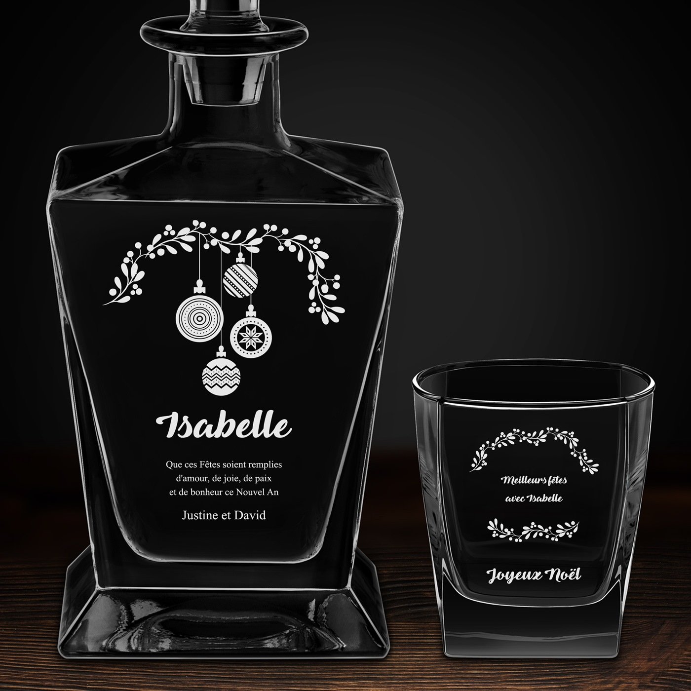 Carafe à whisky Pyramid et 2 verres avec gravure pour femme pour fêtes de fin d'année