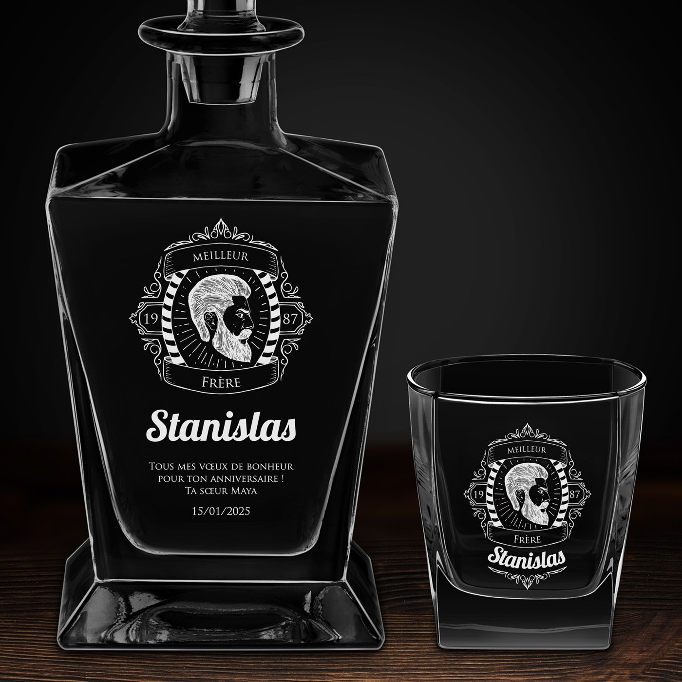 Carafe à whisky Pyramid et 4 verres avec gravure pour frère