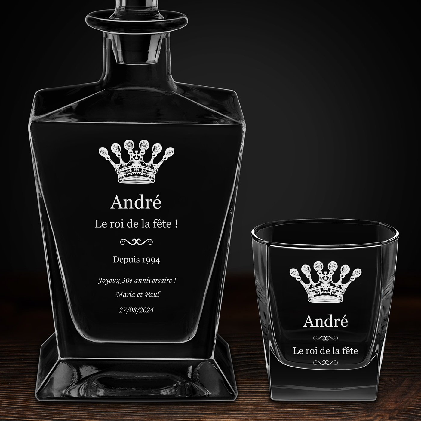 Carafe à whisky Pyramid et 4 verres avec gravure pour homme pour 30e anniversaire