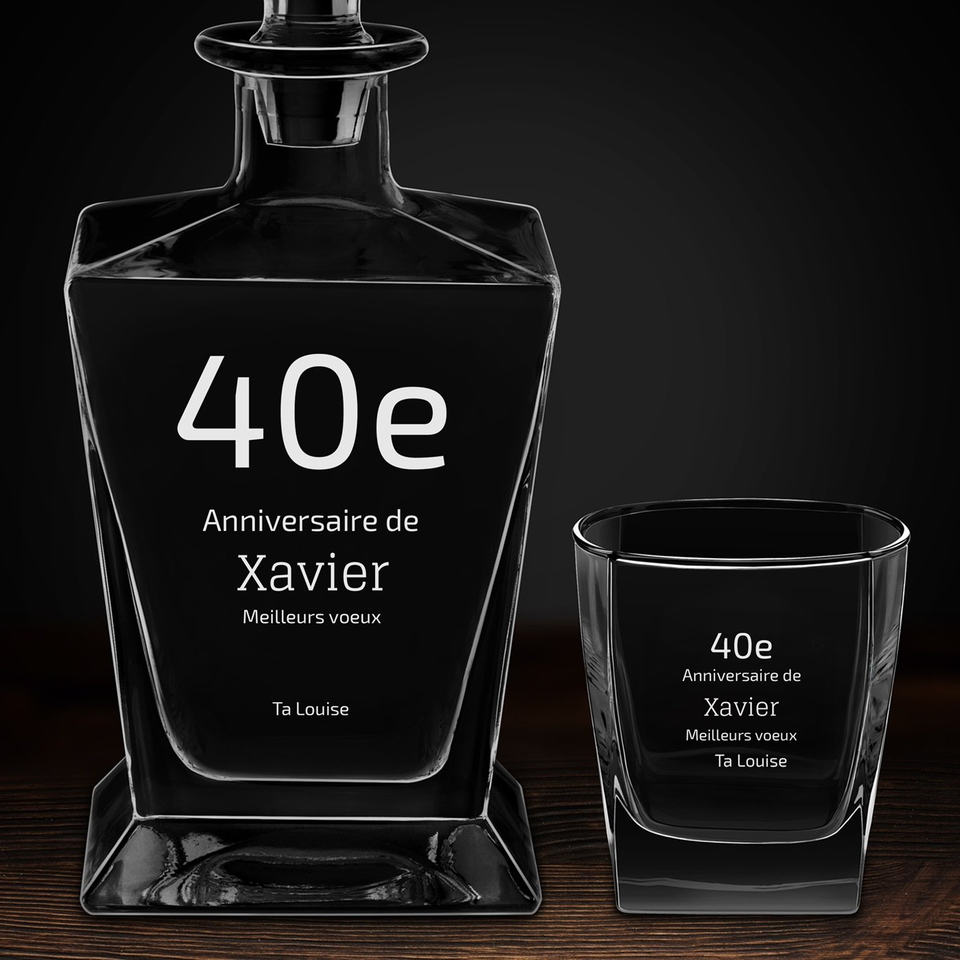 Carafe à whisky Pyramid et 6 verres avec gravure pour homme pour 40e anniversaire