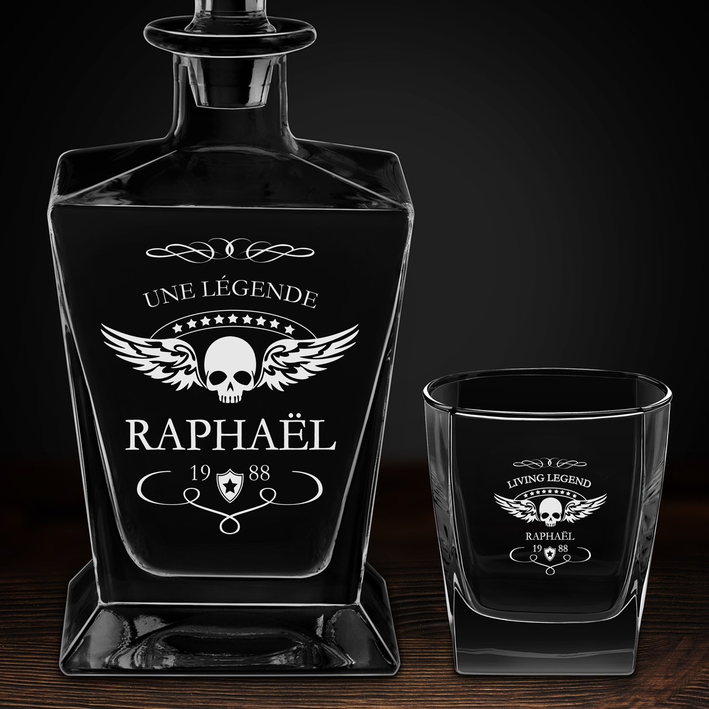 Carafe à whisky Pyramid et 6 verres avec gravure pour motard pour anniversaire