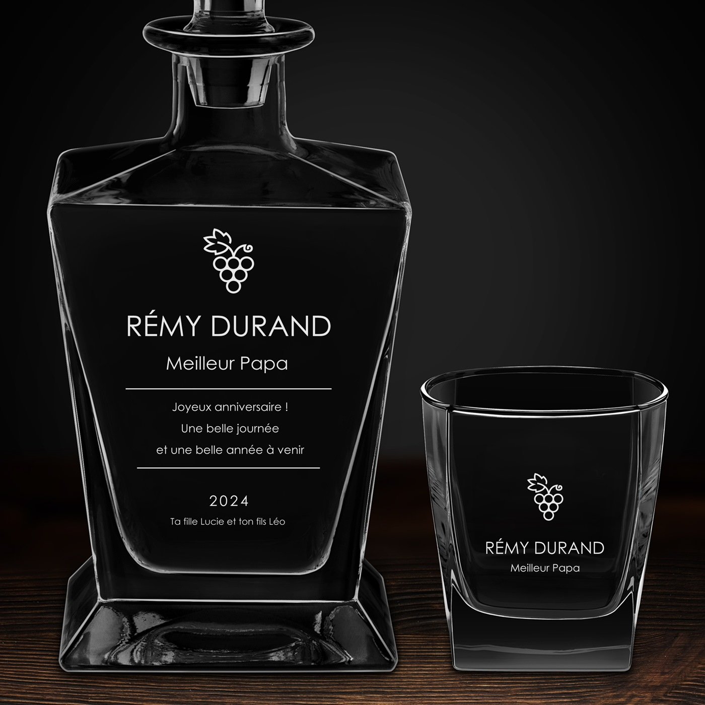 Carafe à whisky Pyramid et 6 verres avec gravure pour anniversaire papa