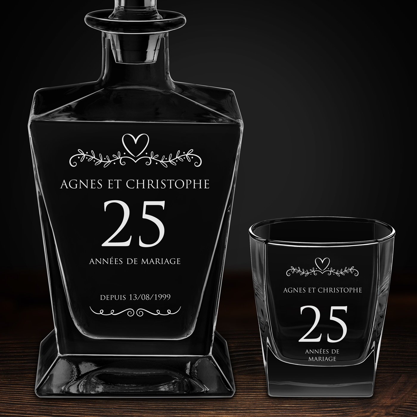 Carafe à whisky Pyramid et 6 verres avec gravure pour couple 25 ans de mariage