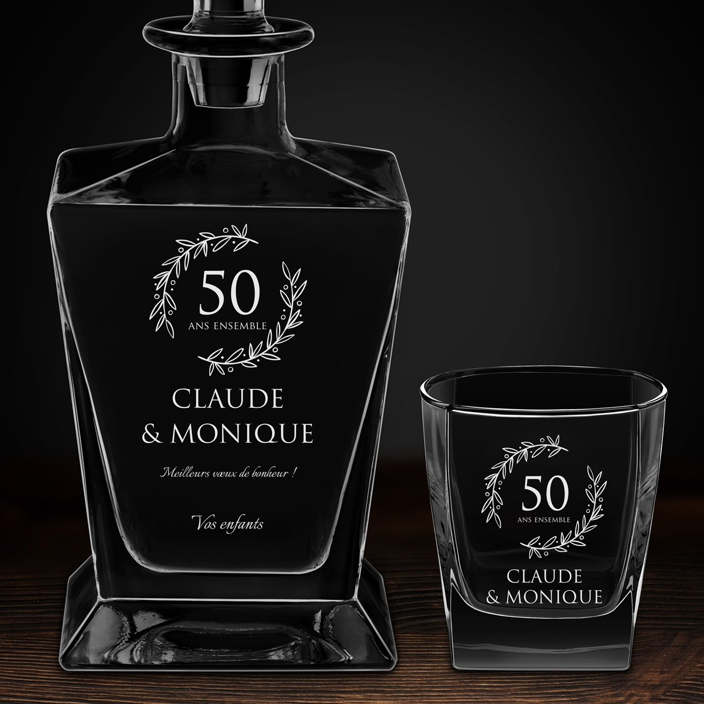 Carafe à whisky Pyramid et 6 verres avec gravure pour couple 50 ans de mariage