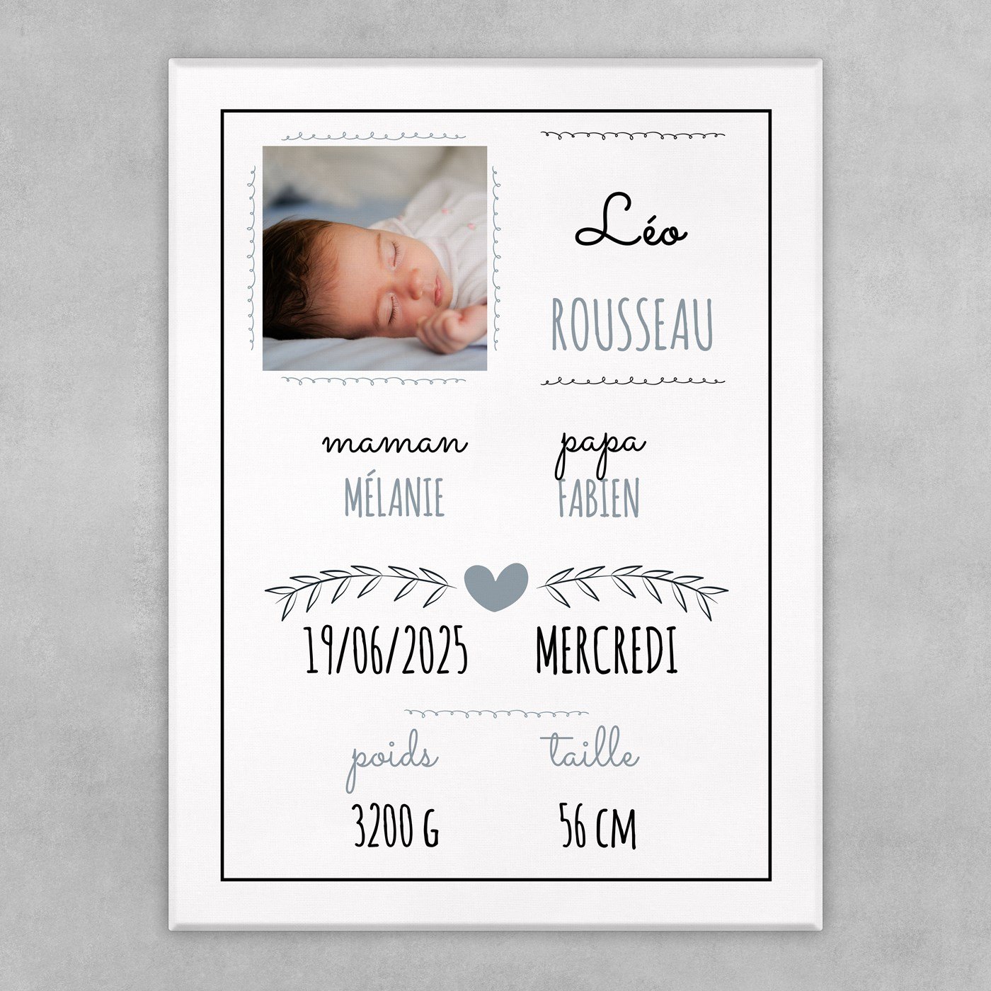 Toile personnalisée avec photo pour petit garçon naissance