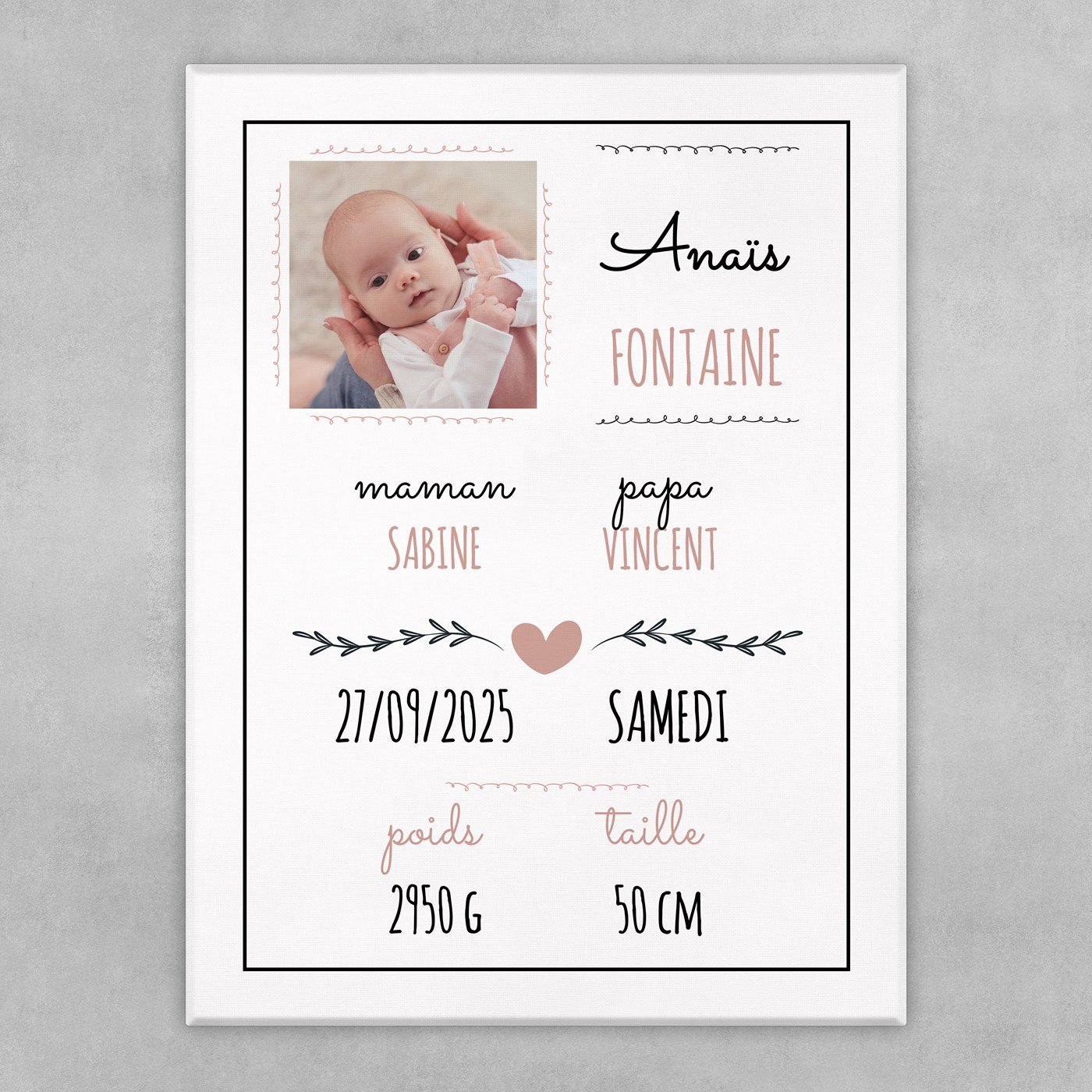 Toile personnalisée avec photo pour petite fille naissance