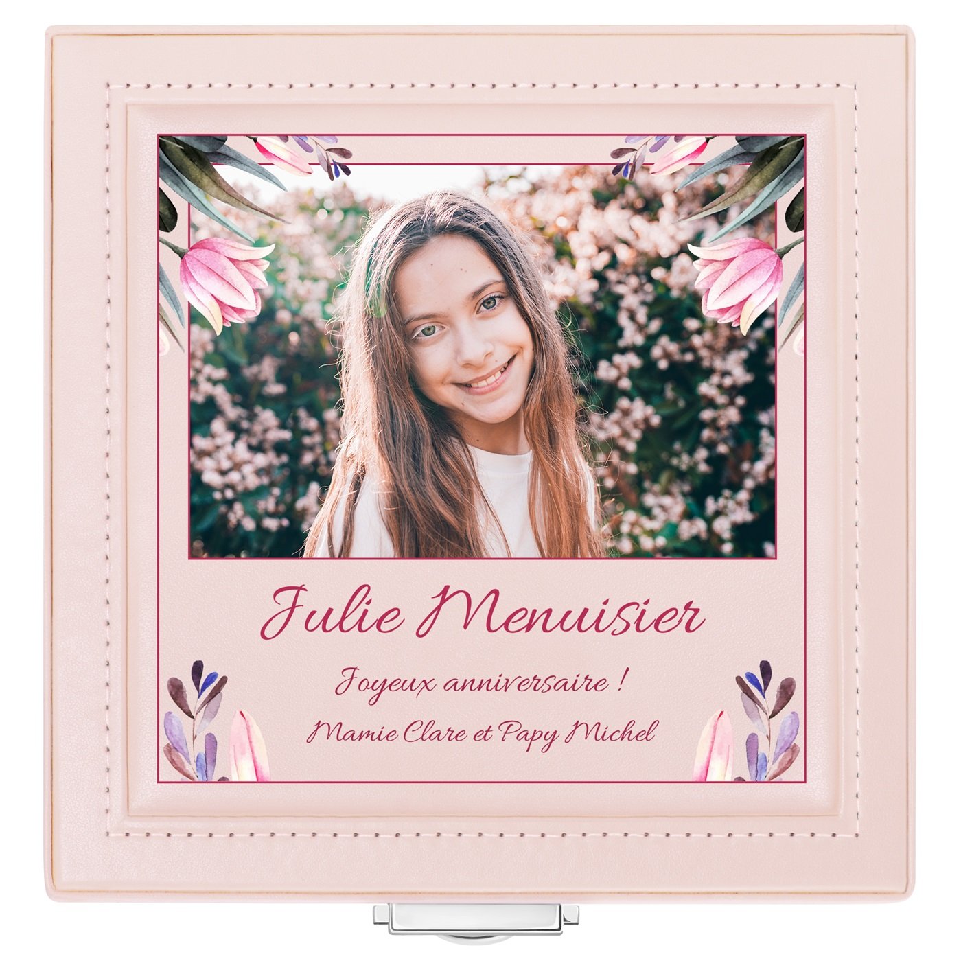 Coffret à bijoux rose personnalisé avec une photo pour une petite-fille pour son anniversaire